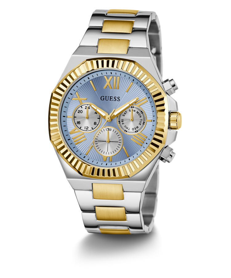 Guess Equity Brushed Silver Tone Case With Polished Gold Tone Bezel With Sunray Glacial Blue Multifunction Dial And Brushed And Polished Two Tone Bracelet GW0703G3