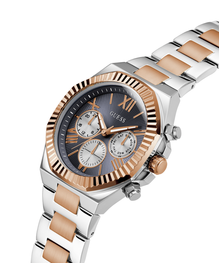 Guess Equity Brushed Silver Tone Case With Polished Rose Gold Tone Bezel With Sunray Navy Multifunction Dial And Brushed And Polished Two Tone Bracelet GW0703G4