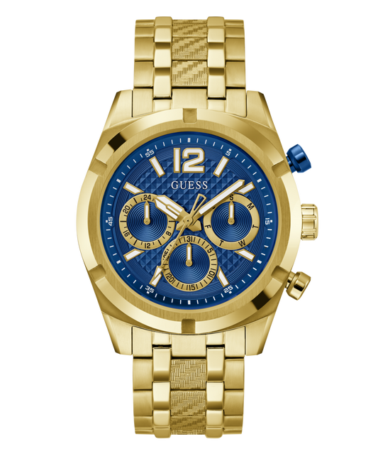 Guess Resistance Brushed Gold Tone Case With Polished Gold Tone Bezel Sunray Blue Multifunction With A Brushed And Polished Gold Tone Bracelet GW0714G2 watches item