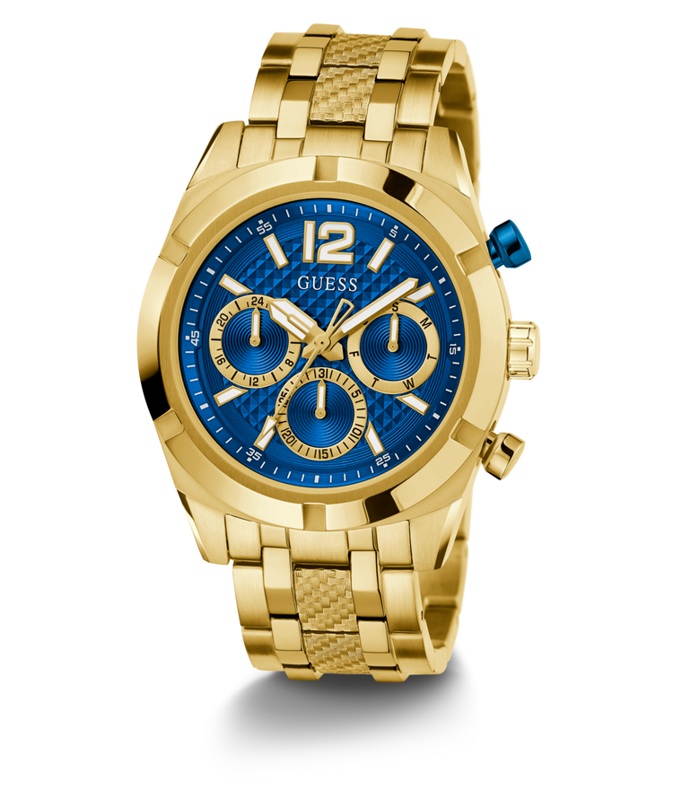 Guess Resistance Brushed Gold Tone Case With Polished Gold Tone Bezel Sunray Blue Multifunction With A Brushed And Polished Gold Tone Bracelet GW0714G2