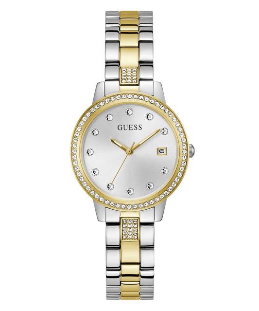 Guess Heartless Polished Two Tone Case With Crystals Sunray Silver Date Dial And Polished Two Tone Bracelet With Crystals GW0725L1