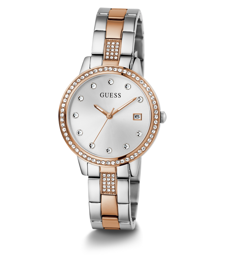 Guess Heartless Polished Two Tone Case With Crystals Sunray Silver Date Dial And Polished Two Tone Bracelet With Crystals GW0725L2